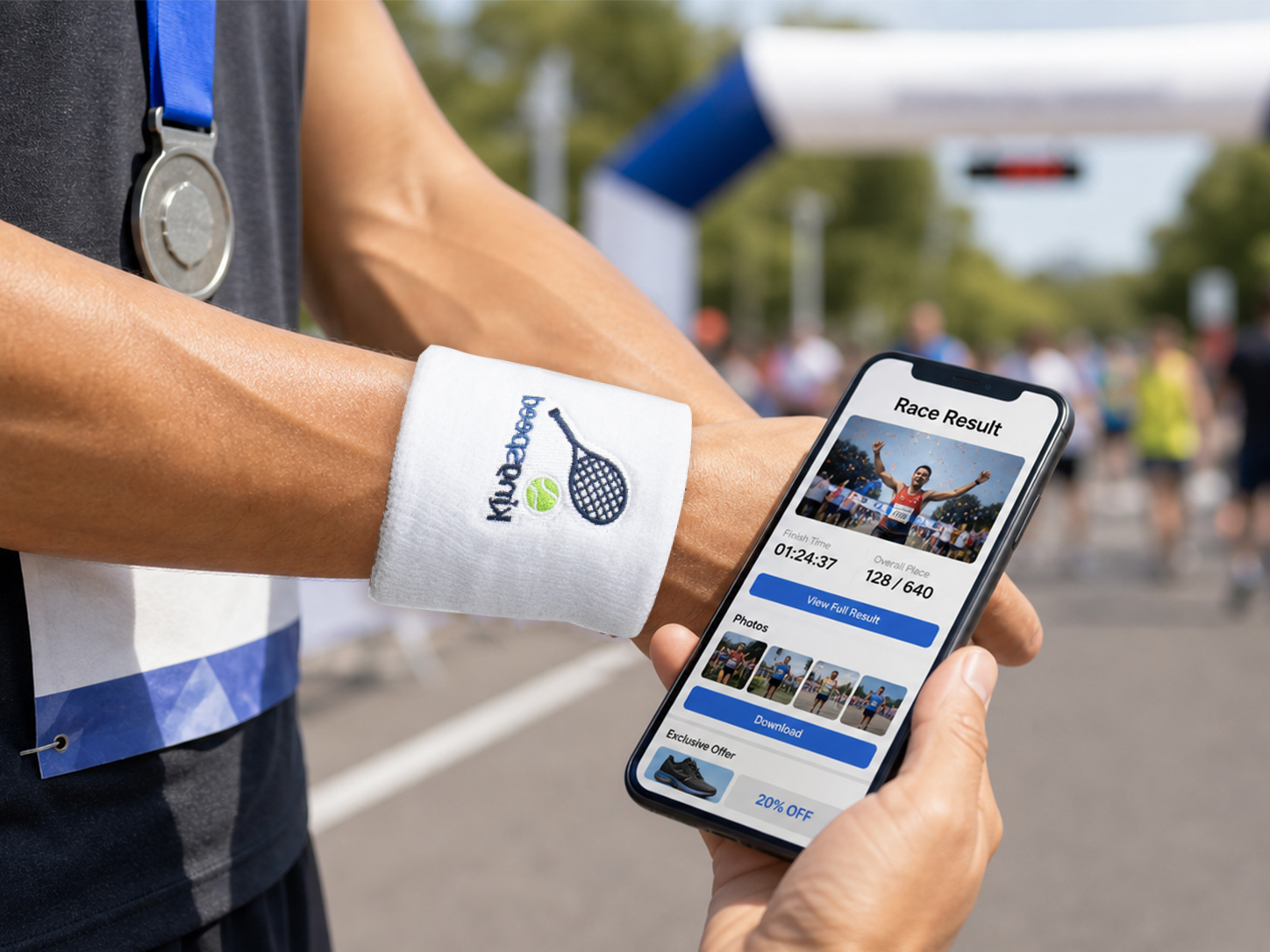 Runner using NFC wristband after a race finish
